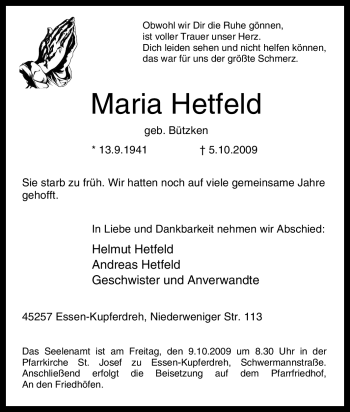 Traueranzeige von Maria Hetfeld von Tageszeitung
