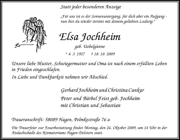 Traueranzeige von Elsa Jochheim von Tageszeitung