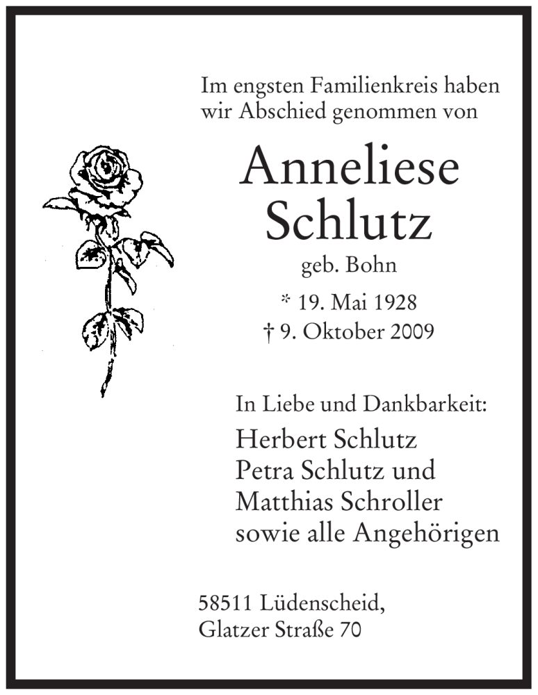  Traueranzeige für Anneliese Schlutz vom 16.10.2009 aus Tageszeitung