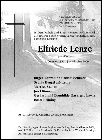 Traueranzeige von Elfriede Lenze von Tageszeitung