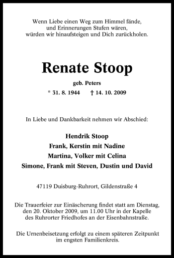 Traueranzeige von Renate Stoop von Tageszeitung