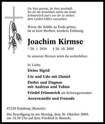Traueranzeige von Joachim Kirmse von Tageszeitung
