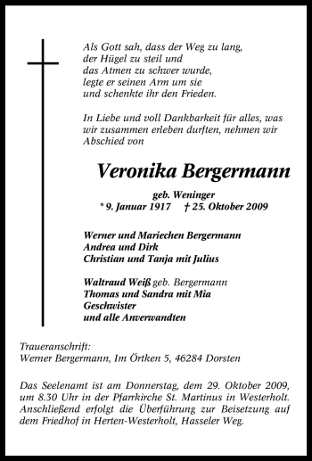 Traueranzeige von Veronika Bergermann von Tageszeitung