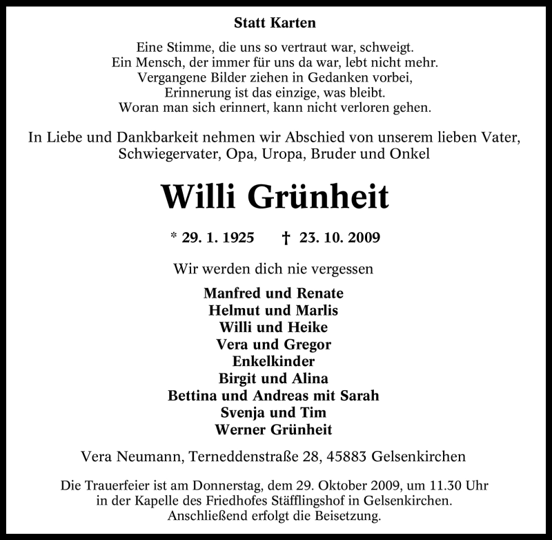  Traueranzeige für Willi Grünheit vom 27.10.2009 aus Tageszeitung