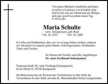 Traueranzeige von Maria Schulte von Tageszeitung