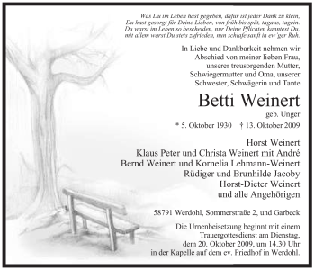 Traueranzeige von Betti Weinert von Tageszeitung