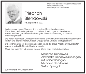 Traueranzeige von Friedrich Blendowski von Tageszeitung