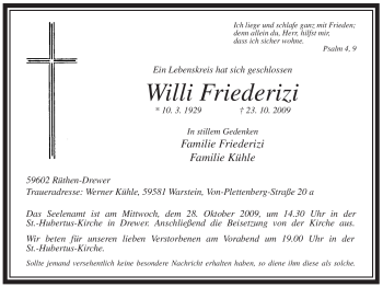 Traueranzeige von Willi Friederizi von Tageszeitung