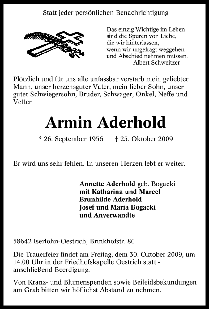  Traueranzeige für Armin Aderhold vom 27.10.2009 aus Tageszeitung
