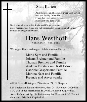 Traueranzeige von Hans Westhoff von Tageszeitung