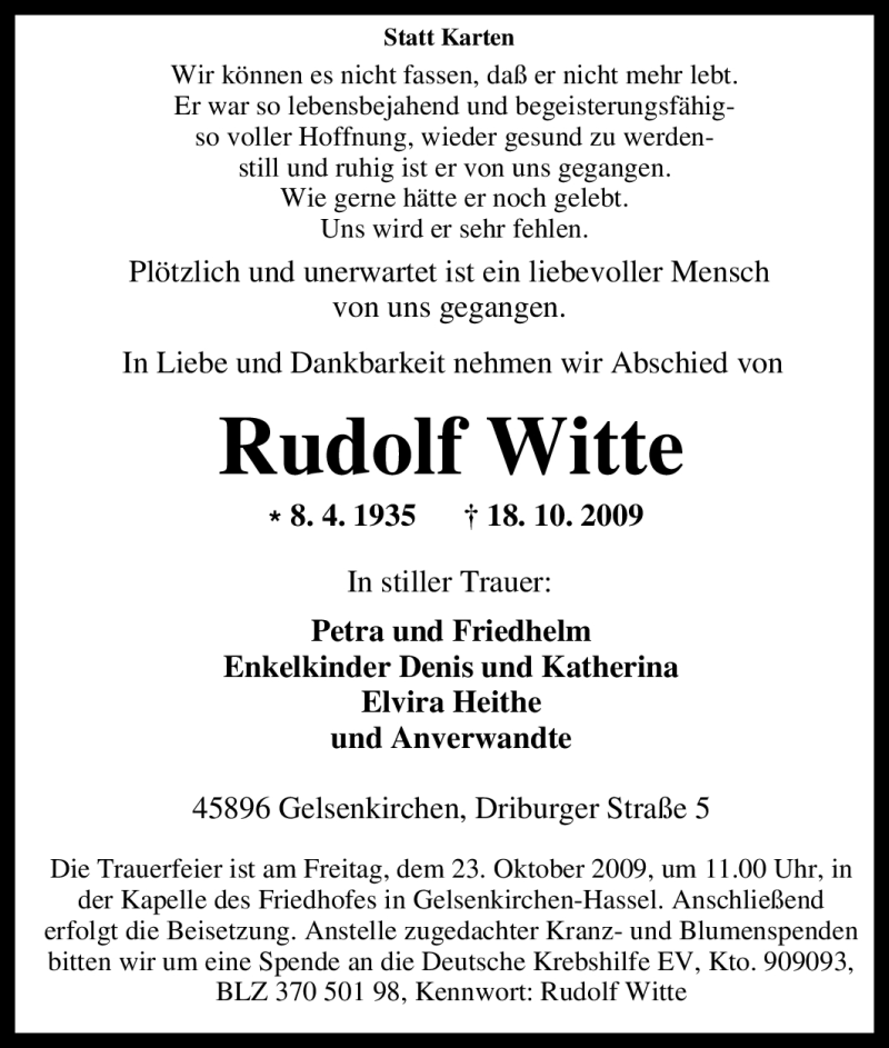  Traueranzeige für Rudolf Witte vom 22.10.2009 aus Tageszeitung
