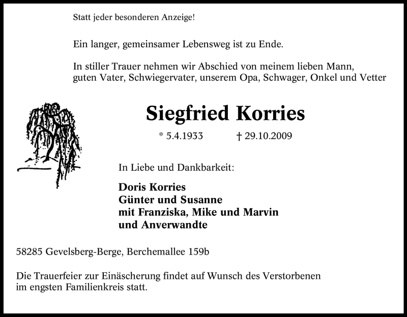  Traueranzeige für Siegfried Korries vom 31.10.2009 aus Tageszeitung