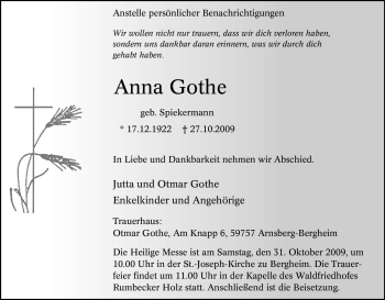 Traueranzeige von Anna Gothe von Tageszeitung