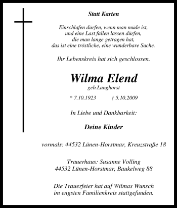 Traueranzeige von Wilma Elend von Tageszeitung