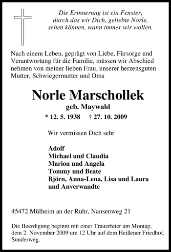 Traueranzeige von Norle Marschollek von Tageszeitung