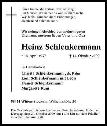 Traueranzeige von Heinz Schlenkermann von Tageszeitung