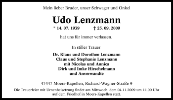Traueranzeige von Udo Lenzmann von Tageszeitung