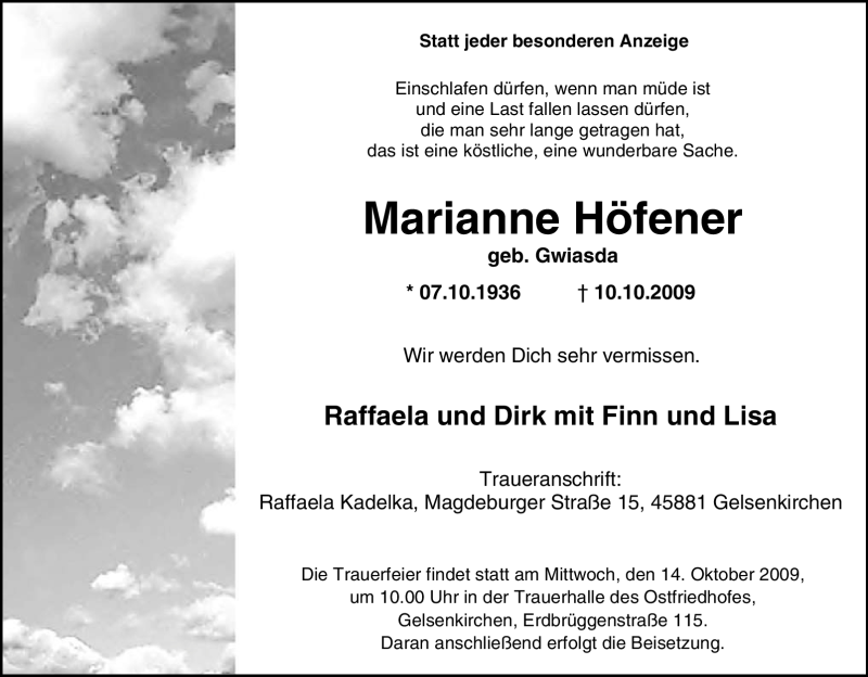  Traueranzeige für Marianne Höfener vom 13.10.2009 aus Tageszeitung