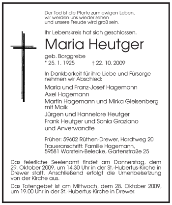 Traueranzeige von Maria Heutger von Tageszeitung