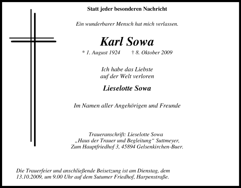  Traueranzeige für Karl Sowa vom 12.10.2009 aus Tageszeitung