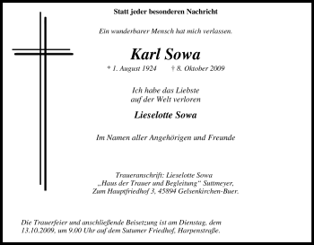 Traueranzeige von Karl Sowa von Tageszeitung