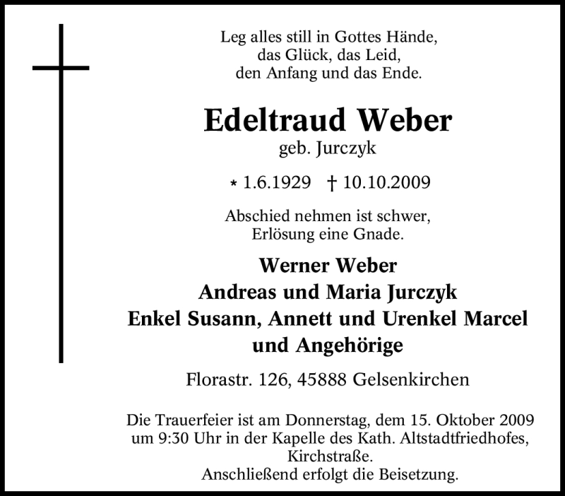  Traueranzeige für Edeltraud Weber vom 13.10.2009 aus Tageszeitung