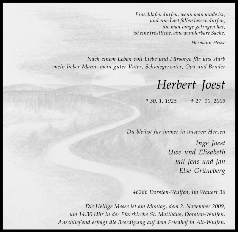  Traueranzeige für Herbert Joest vom 29.10.2009 aus Tageszeitung