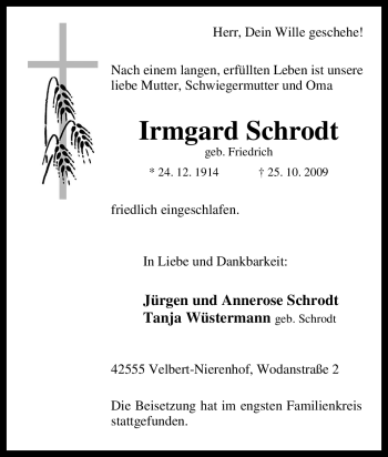 Traueranzeige von Irmgard Schrodt von Tageszeitung