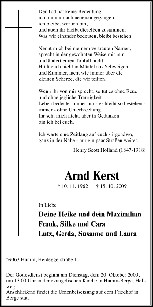 Traueranzeige für Arnd Kerst vom 17.10.2009 aus Tageszeitung