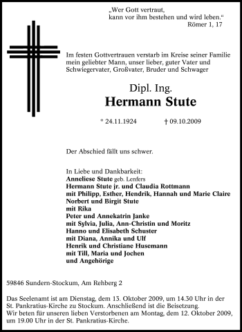 Traueranzeige von Hermann Stute von Tageszeitung