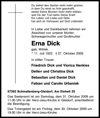 Traueranzeige von Erna Dick von Tageszeitung