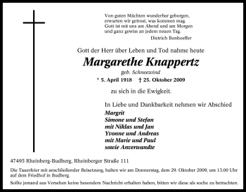 Traueranzeige von Margarethe Knappertz von Tageszeitung
