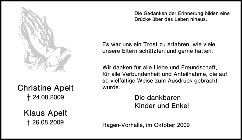  Traueranzeige für Klaus Apelt vom 10.10.2009 aus Tageszeitung
