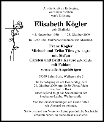 Traueranzeige von Elisabeth Kögler von Tageszeitung