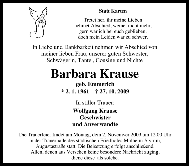 Traueranzeigen von Barbara Krause TrauerinNRW.de