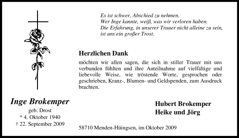  Traueranzeige für Inge Brokemper vom 31.10.2009 aus Tageszeitung