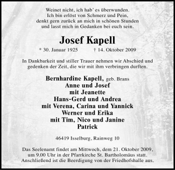 Traueranzeige von Josef Kapell von Tageszeitung