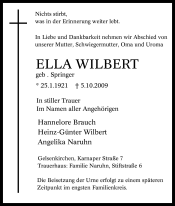 Traueranzeige von Ella Wilbert von Tageszeitung
