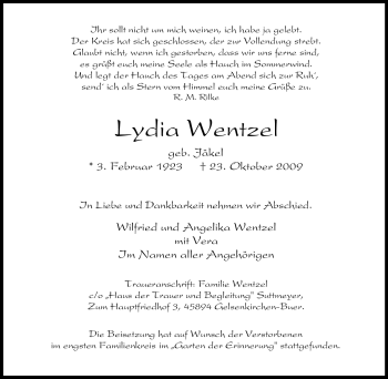 Traueranzeige von Lydia Wentzel von Tageszeitung