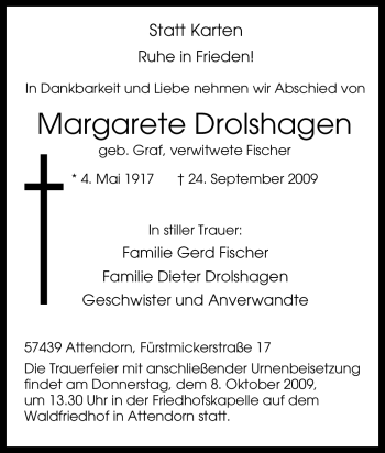 Traueranzeige von Margarete Drolshagen von Tageszeitung