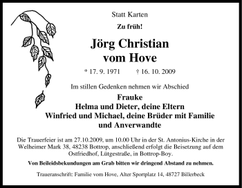 Traueranzeige von Jörg Christian vom Hove von Tageszeitung