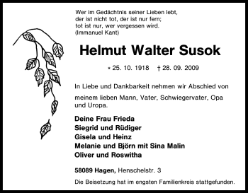 Traueranzeige von Helmut Walter Susok von Tageszeitung