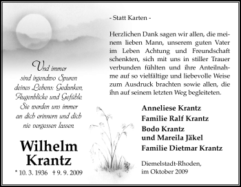 Traueranzeige von Wilhelm Krantz von Tageszeitung