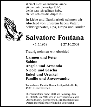 Traueranzeige von Salvatore Fontana von Tageszeitung