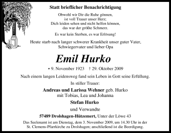 Traueranzeige von Emil Hurko von Tageszeitung