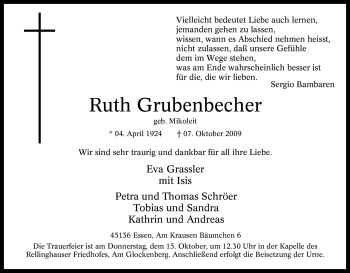 Traueranzeige von Ruth Grubenbecher von Tageszeitung