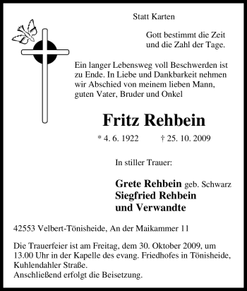 Traueranzeige von Fritz Rehbein von Tageszeitung