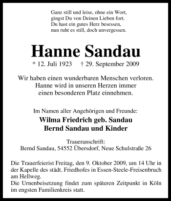 Traueranzeige von Hanne Sandau von Tageszeitung