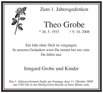Traueranzeige von Theo Grobe von Tageszeitung