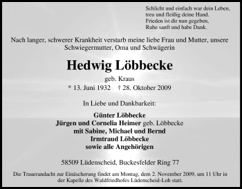 Traueranzeige von Hedwig Löbbecke von Tageszeitung